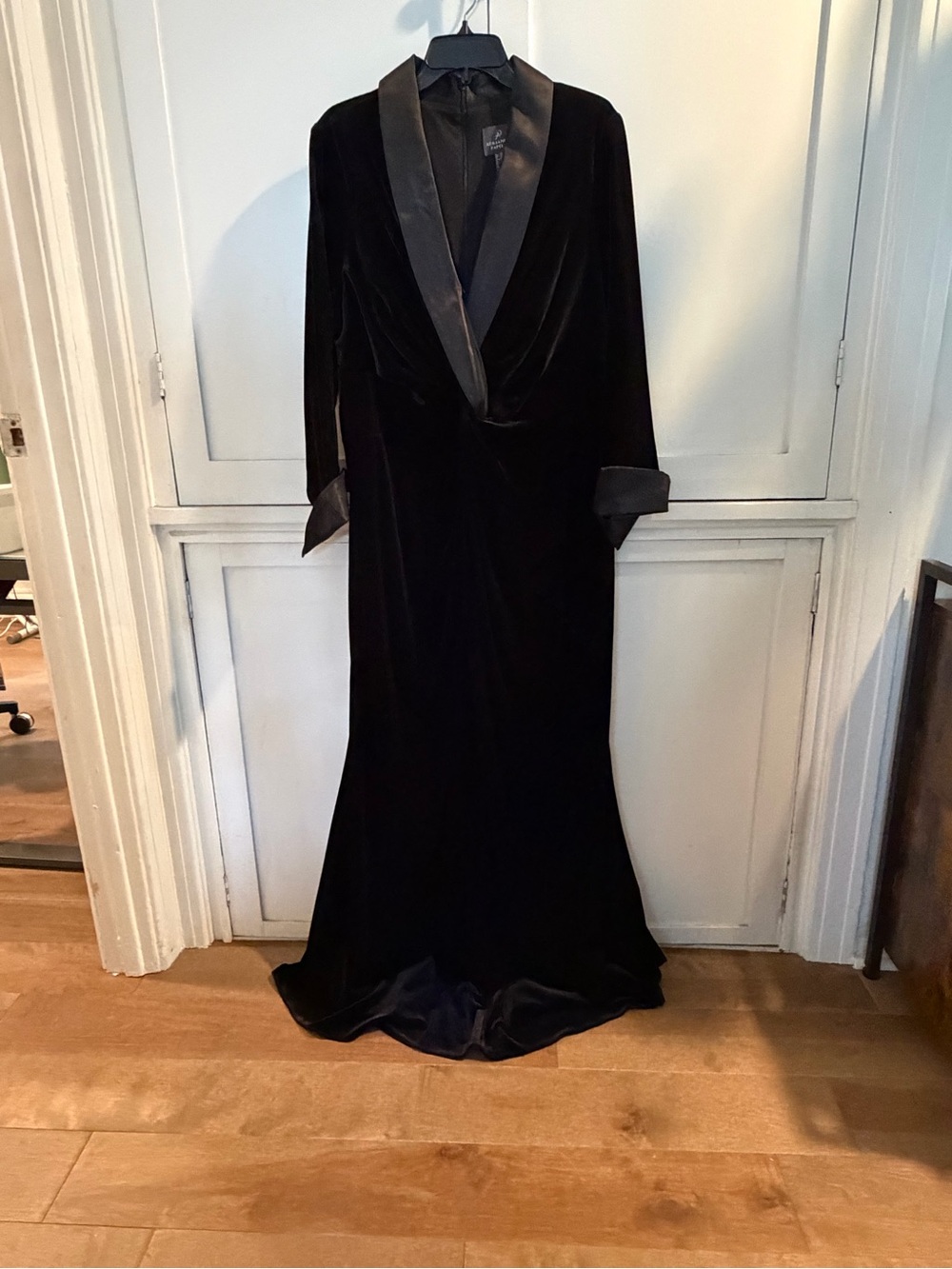 Adrianna Papell Black Velvet Maxi Gown with Satin Trim - Tuxedo like dress